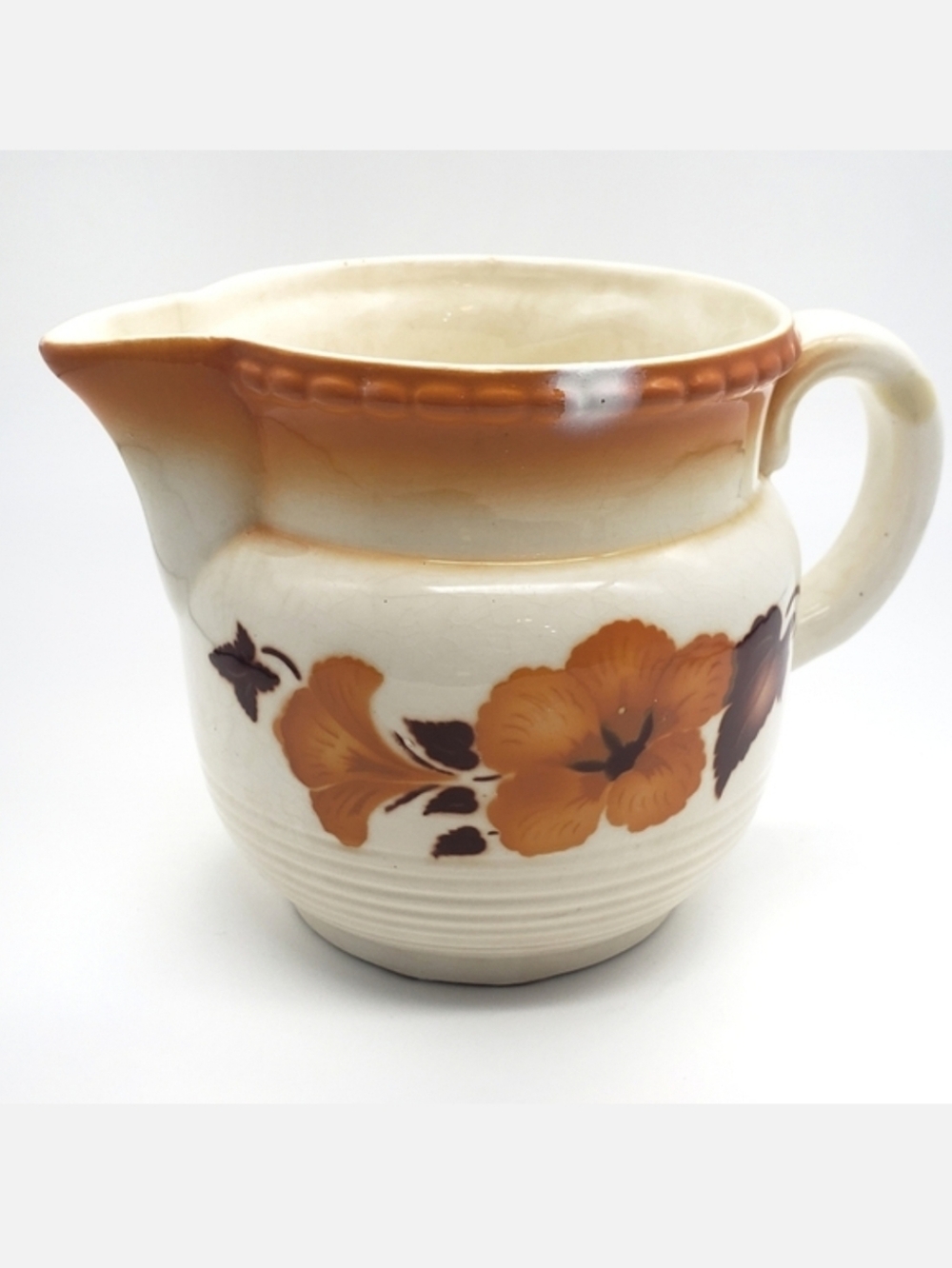 VINTAGE Ceramic Flower & Leaf Small Ceramic Pitcher Orange Cream Brown
